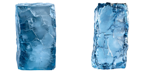 Tall blue ice block with a rough surface and frosty texture, highlighting natural cracks and cool tones on white background