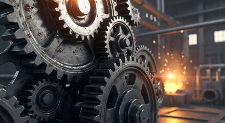 Intricate industrial machinery with interlocking gears and a fiery background