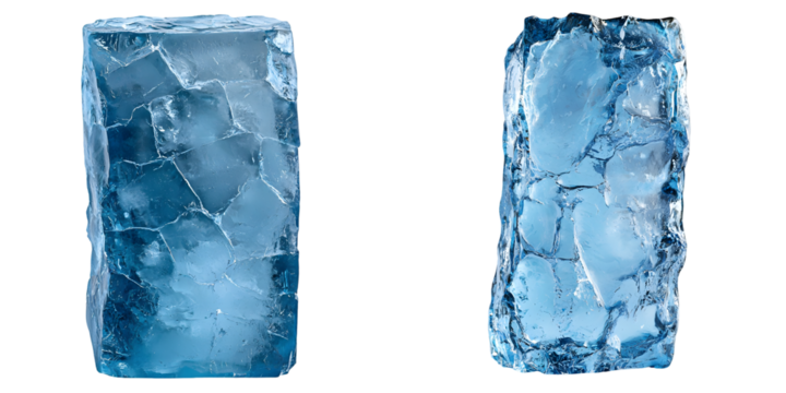 Tall blue ice block with a rough surface and frosty texture, highlighting natural cracks and cool tones on white background