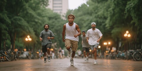 Group of diverse young adults running outdoors in urban park setting
