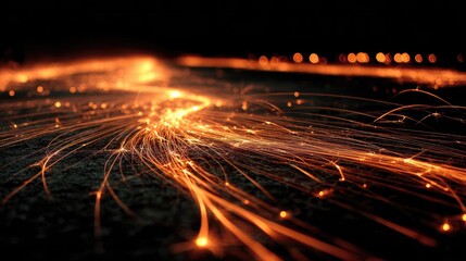 Glowing orange trails on dark surface, resembling sparks or light streaks