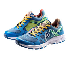 Pair of blue and yellow athletic running shoes isolated on transparent background
