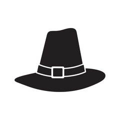 A black silhouette of a classic pilgrim hat, The hat is placed on a white background. 