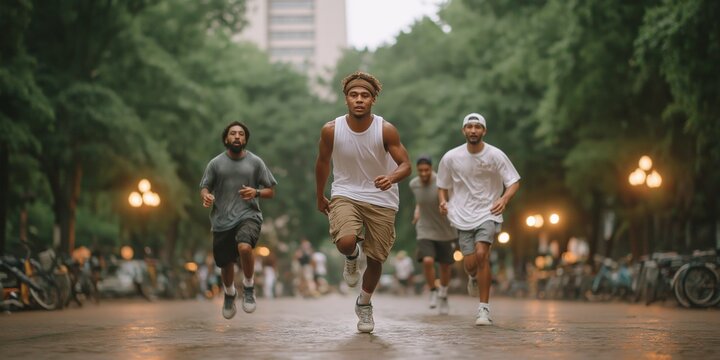 Group of diverse young adults running outdoors in urban park setting