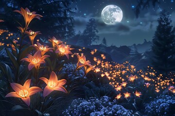 Enchanting moonlit garden glows with luminous lilies and dreamy starry night sky