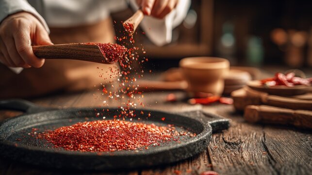 Close-up of a person pou red chili flakes onto a hot skillet for cooking with kitchen utensils and ingredients in background