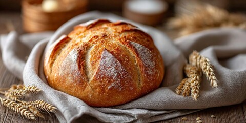 Golden crusty artisan bread on linen cloth with wheat stalks close-up