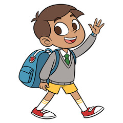 Fototapeta premium Happy Cartoon Boy Walking to School With Backpack and Waving