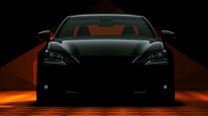 Realistic car silhouette template. Vector illustration with front view on silhouette of car isolated on black dark checkered background.