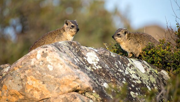 Two rock hyrax on a rock,  nature scene