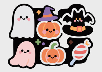 Halloween Icons Vector Set. Cute Kawaii Style Ghost, Pumpkin, Bat, and Witch Hat in Pastel Flat Design
