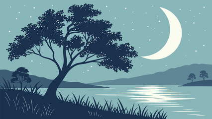 Serene Night Landscape with Crescent Moon and Starry Sky by the Lake © Moral
