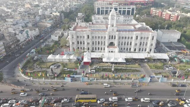 Aerial view of Ripon Building in Chennai city showing historic colonial architecture and surrounding urban skyline.