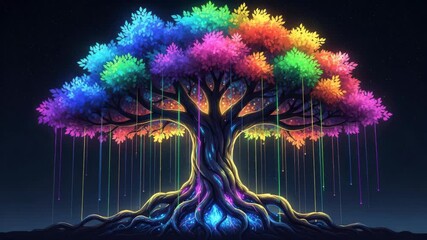 A majestic fantasy tree with vibrant, rainbowcolored leaves and glowing roots stands tall against a dark, starry night sky, with luminous droplets falling like magic - Powered by Adobe