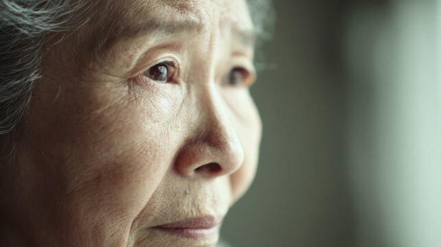 遠くを見つめるシニア女性