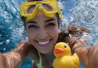 a happy woman wearing yellow and diving goggles is taking a selfie while holding a rubber duck in the blue water, with a splash of bubbles around her head