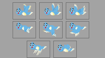 Fototapeta premium Animated Sequence of a Cartoon Blue Bird in Flight