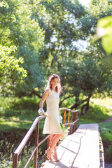 Naklejka premium moscow, russia,07.07.2022 A young Caucasian woman with brown hair