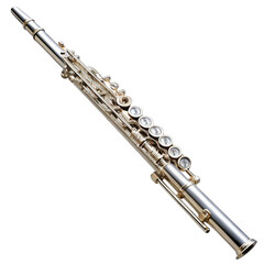 Fototapeta premium Silver flute isolated on transparent background, a shiny metal musical instrument with keys, used in classical and orchestral music