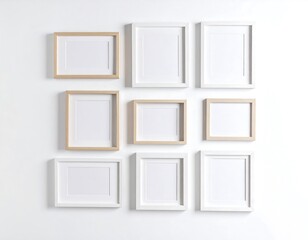 Nine picture frames in various sizes, arranged on a white wall
