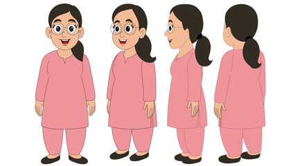 Cartoon woman in pink dress in multiple views front back side and 3/4 view