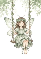 Fototapeta premium Enchanting fairy with delicate wings and a floral crown swings gently on a vine swing