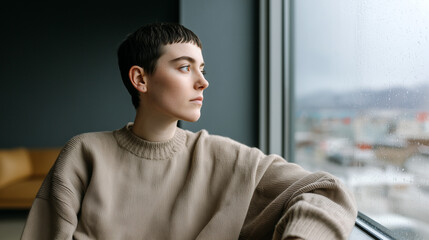 Thoughtful young woman with short hair in beige sweater looking out rainy window. Profile view showing autumn depression and seasonal melancholy in natural indoor light.
