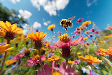 Busy bumblebee soars through vibrant wildflower meadow under a bright blue sky with fluffy clouds