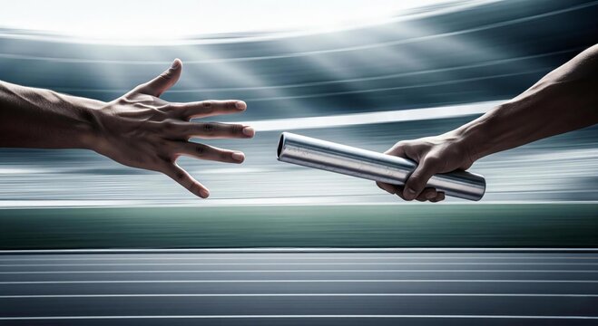 The Critical Exchange: The Decisive Moment of a Relay Baton Pass.