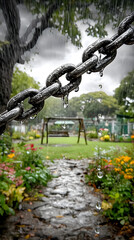 Naklejka premium Nostalgic Rainy Season Mood Rainy garden with a chain and colorful flowers. Emotional Rainfall Memories Reflective Monsoon Atmosphere