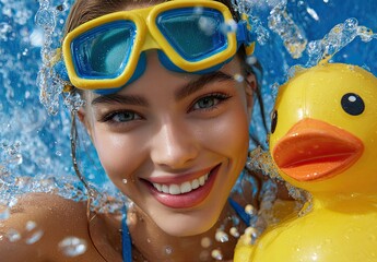 a happy woman wearing yellow and blue scuba gear is holding an inflatable duck in the water, smiling at the camera in a selfie-style shot