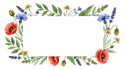 Watercolor Floral Frame with Wildflowers, Poppies, Cornflowers, Chamomile, and Lavender Illustration for Invitation Cards. Ideal for greeting cards, invitations, and announcements.