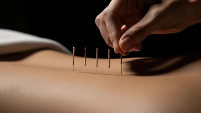 A practitioners hand carefully inserts acupuncture needles into a persons back during a therapeutic treatment session