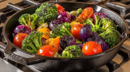 Colorful fresh vegetable mix including broccoli cherry tomatoes eggplants and peppers in a black skillet on stovetop