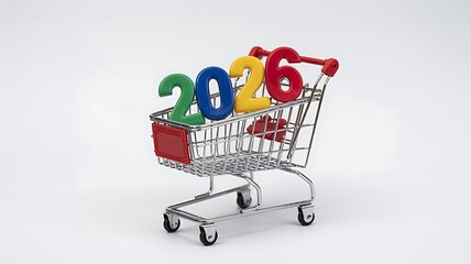 Colorful numbers forming the year 2016 placed inside a miniature shopping cart on a white background