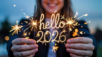Smiling woman holding sparklers that spell out hello 2026 celebrating the new year with festive lights
