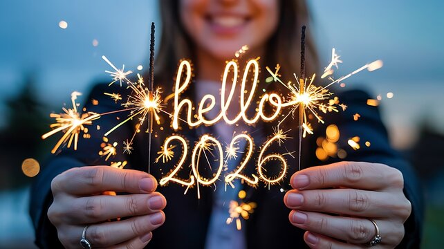 Smiling woman holding sparklers that spell out hello 2026 celebrating the new year with festive lights