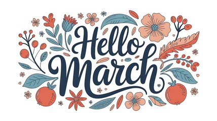 Fototapeta premium Hello march hand lettered calligraphy surrounded by colorful blooming flowers and botanical elements signifying spring s arrival