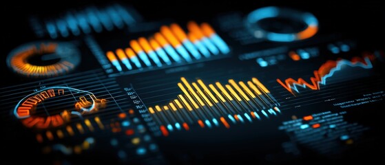 Futuristic data analytics interface displaying colorful charts graphs and digital metrics on a dark screen