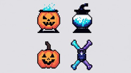 Pixel art Halloween icons jack o lantern witch's cauldron potion bottle and crossbones