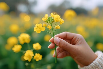 Female hand holding yellow flowers in blooming field