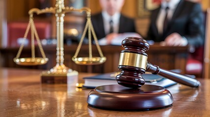 Gavel and scales of justice on a wooden desk with blurred judges in the background symbolizing legal proceedings and court