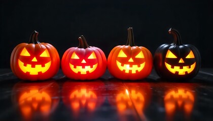 Glowing halloween jack-o'-lanterns casting eerie shadows in dark room, carved pumpkins for spooky celebration, created with generative ai