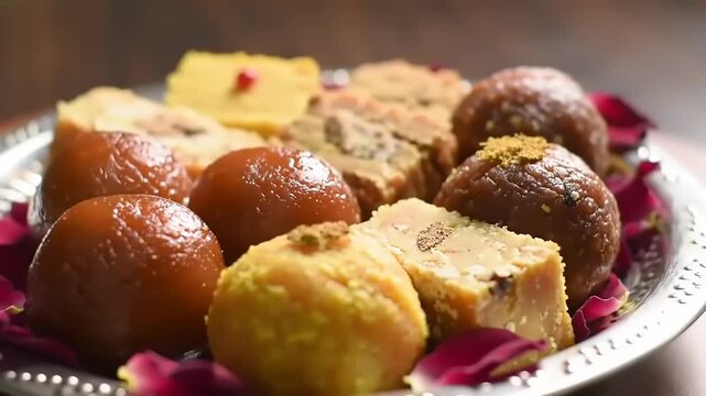 Indian sweets platter with closeup.