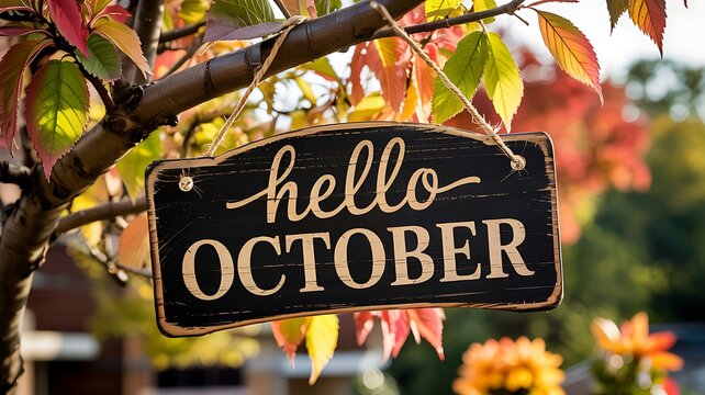Charming black sign saying hello october hangs on a tree branch amidst colorful autumn foliage - Powered by Adobe