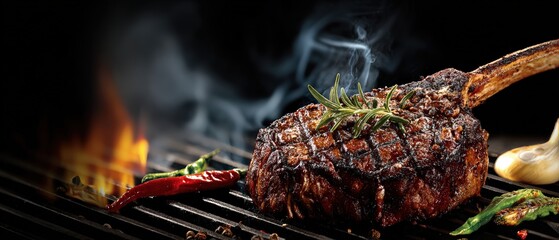 Juicy grilled steak with fresh herbs and garlic cloves cooking over open flame in dark setting