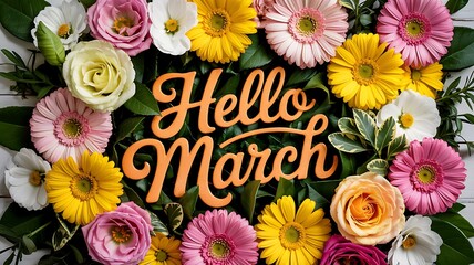 Vibrant spring floral wreath with hello march greeting celebrating the arrival of spring and new beginnings