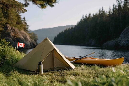 Serene lakeside camping with tent and kayak in canadian wilderness