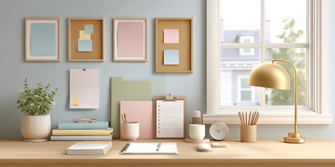 Stylish home office desk with organized supplies and indoor plant near window