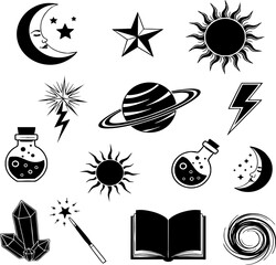 collection of black and white illustrations featuring various celestial and magical elements.